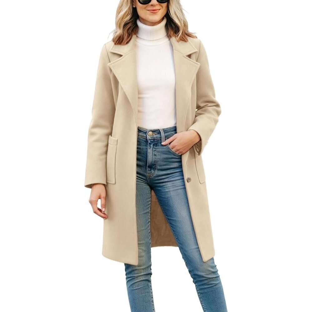 🆕Women's Cream WhiteWinter Wool Blend SingleBreasted Notch Lapel MidLength Coat